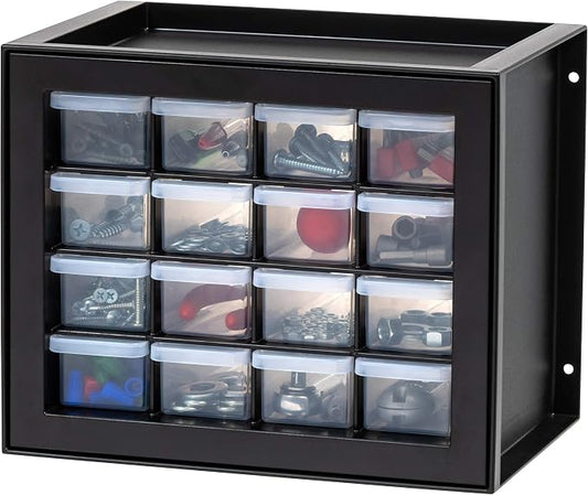IRIS USA 16-Drawer Small Drawer Organizer, Garage Desk Storage, Black | Wall mountable, Stackable Teacher Toolbox, Beads, Building Bricks, Water Packets, Screws, Hardware