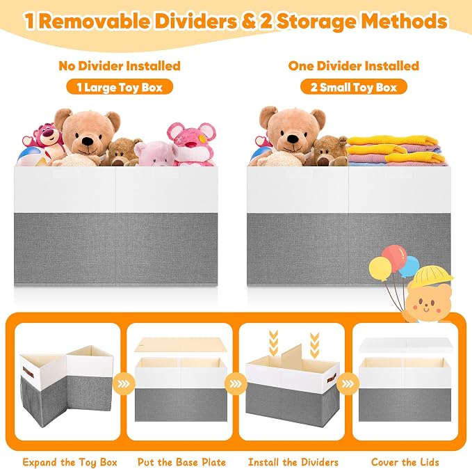 Large Toy Box, Collapsible Toy Storage Chest Bin With Lids, 25"x13"x16" | Sturdy Kids Storage Organizer with 2 Pockets and Dividers, Playroom Bedroom Nursery Organization, White & Gray