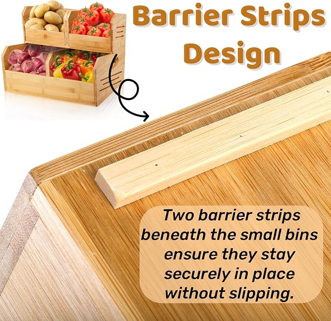 Noamus 2 Tier Bamboo Stackable Storage Bins, 4 Compartment Potato and Onion Storage Baskets, Pantry Organizer Holder with Handle, Open Front Kitchen Fruit Containers for Fruit Bread Vegetable Garlic