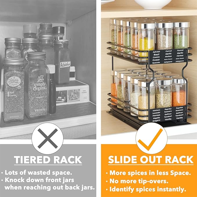 SpaceAid Pull Out Spice Rack Organizer for Cabinet, Heavy Duty Slide Out Seasoning Kitchen Organizer, Cabinet Organizer, with Labels and Chalk Marker, 6.5" W x10.75 D x8.5 H, 1 Drawer 2-Tier