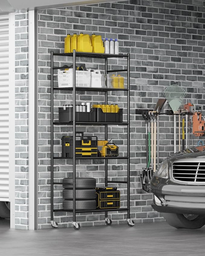 Sakugi 5-Tier Storage Shelves 33.1" x12.6" x73.5" Black with Wheels | Kitchen, Closet, Pantry, Garage, Heavy Duty, Adjustable Feet, Metal Construction