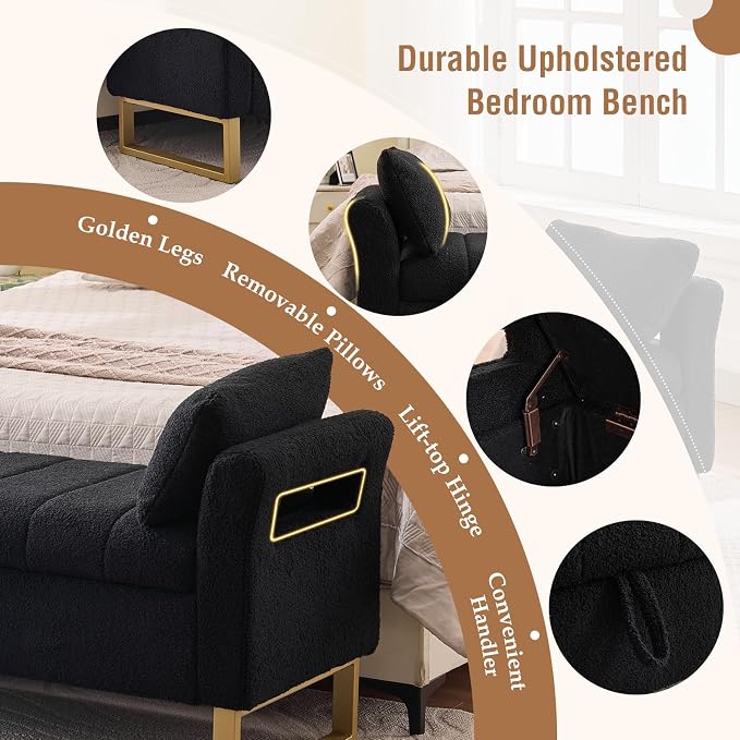 66" Storage Bench for Bedroom Upholstered End of Bed Bench King Size Black | Long Bedroom Benches for Foot of Bed King,Teddy Storage Bed Bench with Gold Legs,2 Pillows for Entryway Windows Cloakroom