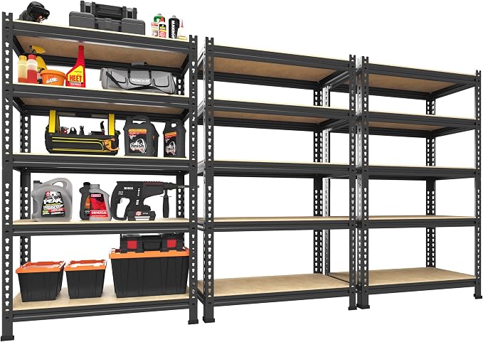 PrimeZone 5-Tier Garage Storage Shelves, Adjustable Metal Shelving, Black | Heavy-Duty Metal Frame & Connectors, FSC MDF Boards, Space-Saving Storage for Garage, Pantry, Closet, 28"W x 12"D x 59"H 3PCS