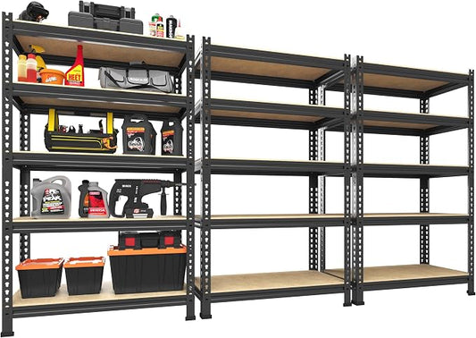PrimeZone 5-Tier Garage Storage Shelves, Adjustable Metal Shelving, Black | Heavy-Duty Metal Frame & Connectors, FSC MDF Boards, Space-Saving Storage for Garage, Pantry, Closet, 28"W x 12"D x 59"H 3PCS
