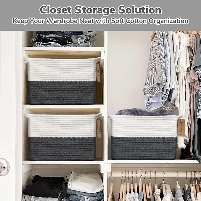Goodpick Small Cotton Rope Baskets for Organizing, Dark Gray | 13 × 10 × 9 in, Rectangle, Reinforced Handles, Shelf & Nursery Organization, Baby Toys, Books & Towels Storage