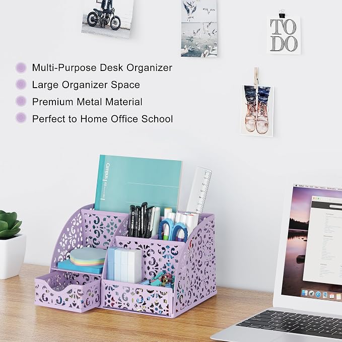 EasyPAG Pen Holder Desk Organizer with Drawer Pencil Cup for Desk 6 Compartments Metal Office Caddy Storage with Sticky Notes Holder for School Home Office, Purple
