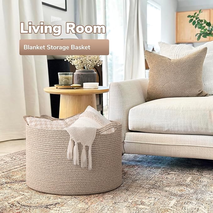Goodpick Large Wicker Basket for Blankets, Baby Toy Storage Basket, 65L | 19.7 x 19.7 x 12.6 In Baby Storage Basket for Nursery, Blanket Basket for Living Room, Laundry Basket for Towels, All Brown