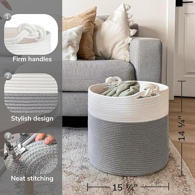 Goodpick Woven Rope Blanket Basket Living Room, 40L, Grey | Small Laundry Basket for Organizing Baby Clothes, Blankets & Pillows, Great for Bedroom Nursery Home Décor