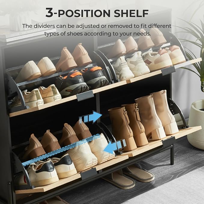 Shoe Cabinet with 4 Flip Drawers, Narrow Entryway Rack, Oak&Black | Slanted Wood Grain, Freestanding, Adjustable Compartments, Removable Middle Shelf, Metal Handles, for Hallway Foyer Entrance