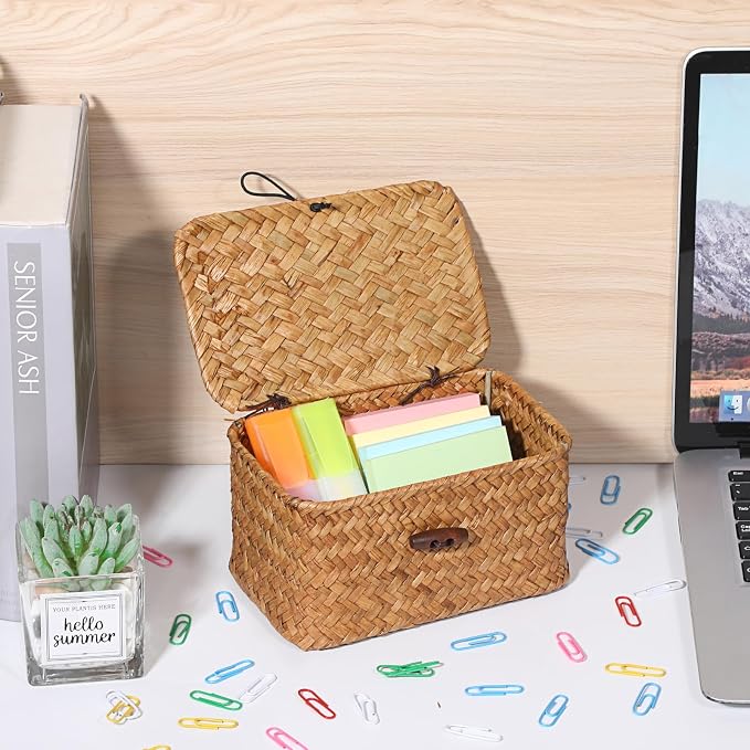 Small Decorative Box Natural Seagrass Box with Lid, 6.1"x 4"x 3.3" | Wicker Basket for Organizing Keys,Wicker Shelf Baskets for Bathroom & Living Room