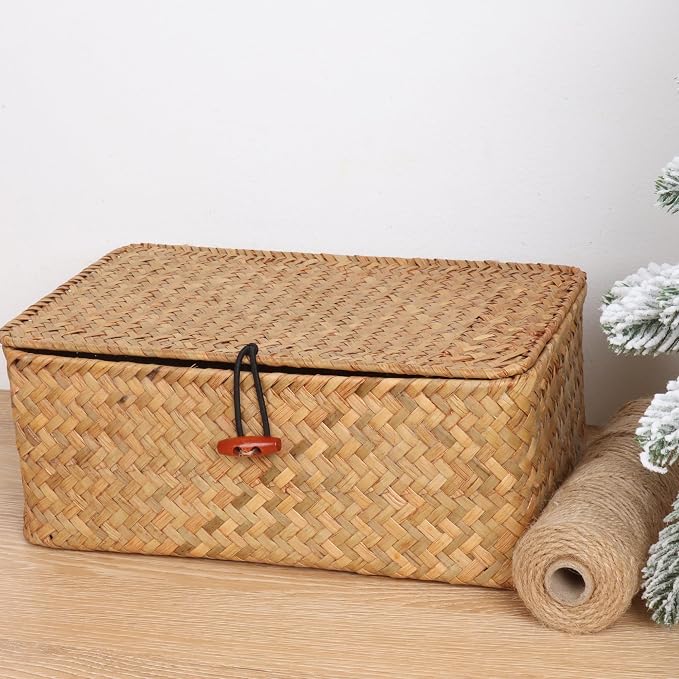 Moosky Wicker Shelf Baskets with Lid,Handwoven Seagrass Basket for Storage Basket Bins Rectangular Home Organizer Gift Boxes (Natural Small)