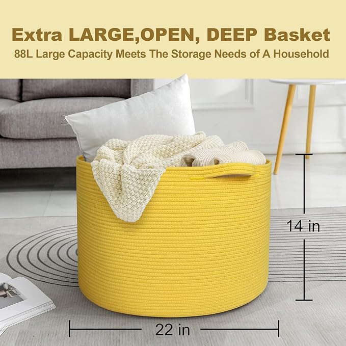 Extra Large Yellow Basket, 22” X 22” X 14” Cotton Rope Yellow Decor for Living Room Bedroom, Woven Basket for Blanket, Laundry, Towel, Shoe, Baby Nursery Toy Organizer, Room Decor Storage Bin