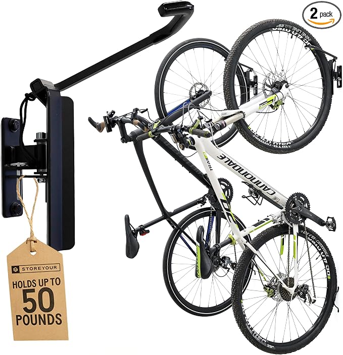 StoreYourBoard Swivel Bike Wall Mount, Vertical Rack for Garage, 2 Pack | Swivel Bike Rack, Rubber Coated Hook, Multiple Position Lock, Holds 50 lb, Fits All Tires Up To 2.6 in