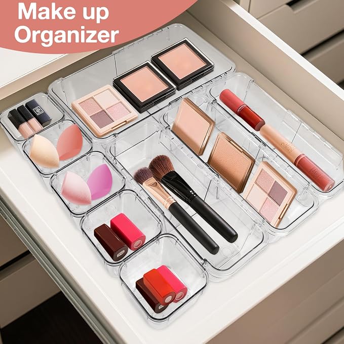 IAMGlobal 25PCS Expandable Drawer Organizer, 3-Size Adjustable Storage Bins | Acrylic, Clear, Transparent, Stackable, Expanding, No Assembly Required, Easy to Clean, for Makeup, Bathroom, Kitchen, Office