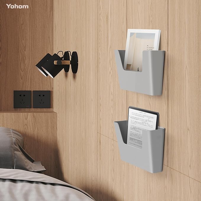 YOHOM Adhesive File Holder Plastic Document Folder Door No Drilling Mount Mail Magazine Organizer A4 Filing Envelopes Folder, Office Wall Mount Single Pocket(GREY, 3 PCS)