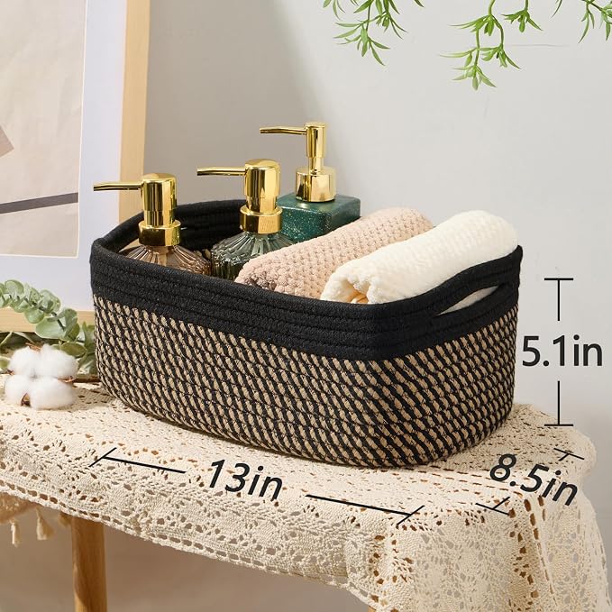 MiniArk Small Storage Baskets for Organizing | Closet Organizer Bins | Shelf Toy Basket | Woven Rope Baskets | Cube Decorative Box | Shallow Basket | 13x8.5x5.1” | 3 Packs Black Brown