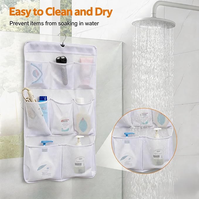 MISSLO 8 Pockets Mesh Shower Organizer Hanging Caddy with Rotating Hanger Quick Dry Bathroom Storage (White)