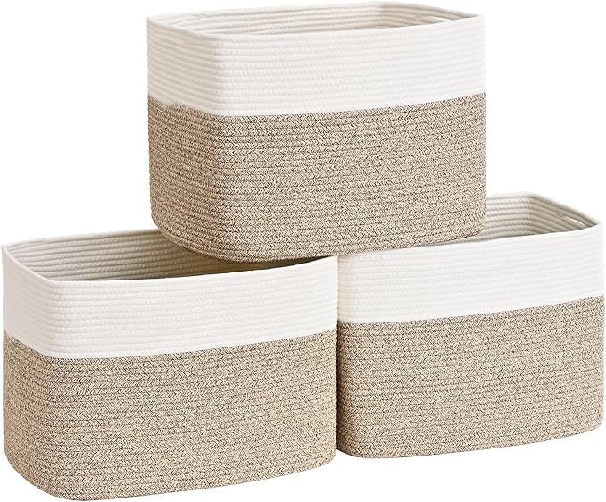 3 Pack Cube Storage Bin, 17”x12”x12” Cotton Rope Woven Baskets for Organizing Toys Clothes Towels, Square Gift Storage Baskets for Shelves, Nursery, Closet, Bathroom, Pantry (White & Jute)