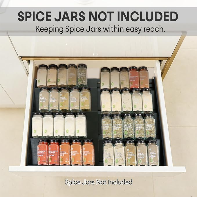 Bamboo Spice Drawer Organizer, (Need 3.1” Deep Drawer) Expandable 4 Tier Spice Rack for Cabinet (From 12" to 23" Wide), Seasoning Storage Insert, Spice Organizer for Drawer,Jars Not Included