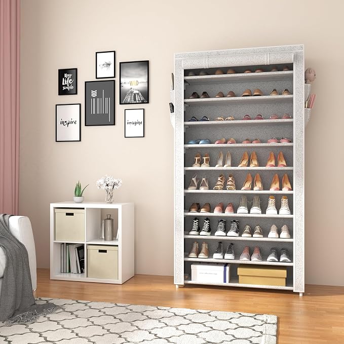 ROJASOP 10 Tier Shoe Rack with Covers Large Capacity Stackable Tall Shoe Shelf Storage for 50-55 Pairs Shoe and Boot, Sturdy Free Standing Shoe Rack Organizer for Closet, Entryway, Bedroom, Printing