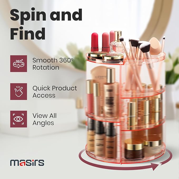 Masirs 360 Rotating Makeup Organizer Countertop, Adjustable Shelf, Pink | 360-Degree Rotating Makeup Organizer, Adjustable Shelf Height, Cosmetic Perfume Skincare Storage, Vanity Countertop, Pink