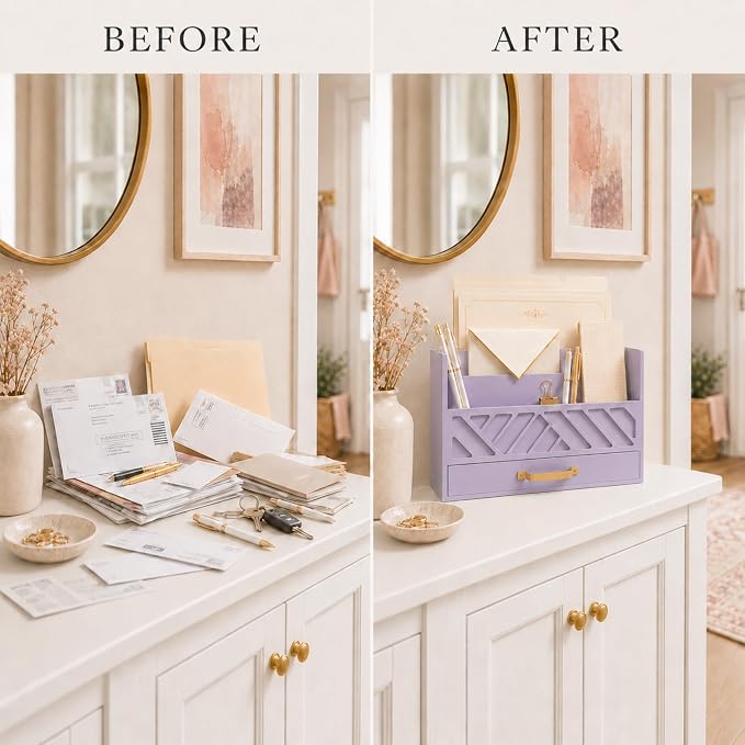 BLU MONACO | Wooden Mail Organizer Countertop with Drawer | Tabletop Organizer with Drawers for Desk | Mail Sorter Organizer Countertop Letter Paper Holder