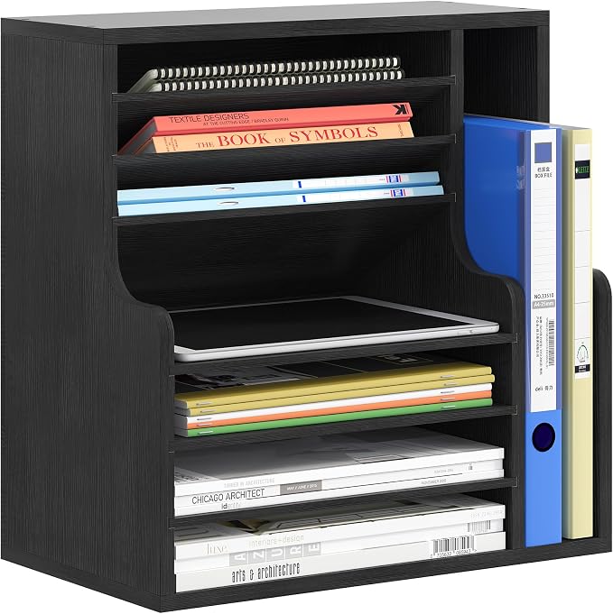 Wood Desktop File Holder Organizer Mail Sorter for File Folders, Mails, Envelopes or Magazines, 8 Compartments (Black)