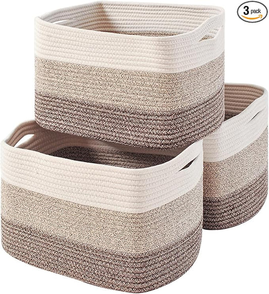 ICERZCZ Storage Baskets for Organizing Shelves, Woven Cotton Rope Bins for Baby Nursery Organization, Book Toy Towel Organizer, 15"x11"x9.5", 3 Packs, Gradient Brown