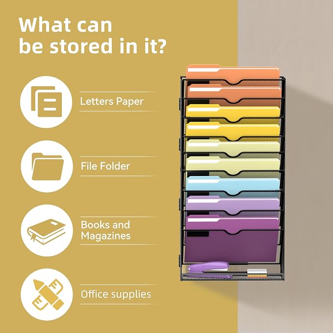 SUPEASY 10Tier Hanging Wall File Holder Organizer for Papers, Folders, Files Clipboard & Magazine Organization Great for Office Home, Assembly Needed, Black | Paper, Folder, Magazine Rack Great for Office Home School, Assembly Needed, Black
