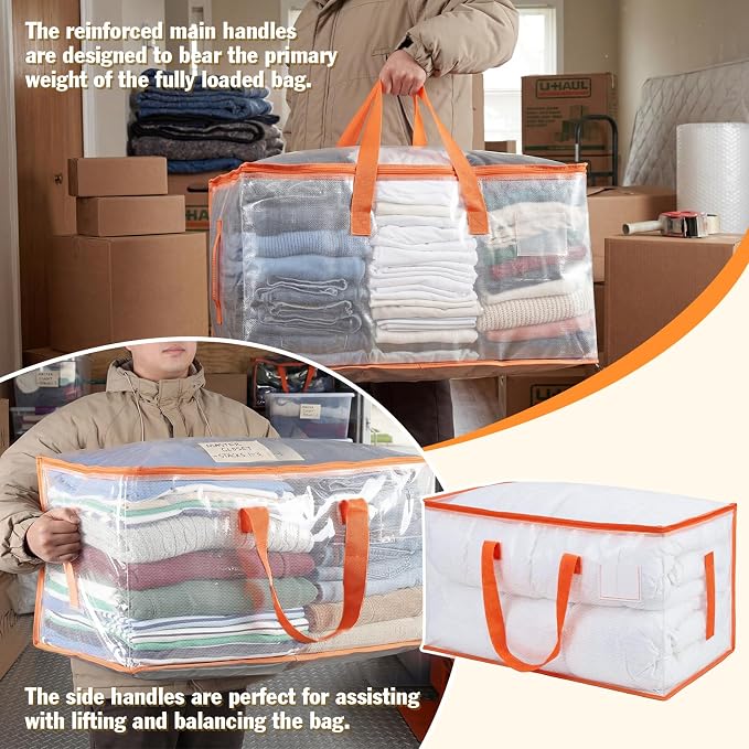 KYODOLED 2-Pack Clear Moving Bags Heavy Duty Extra Large, Storage Totes with Reinforced Handles & Label Pocket, Transparent Packing Containers for College Dorm, Clothes, Bedding, Home Organization