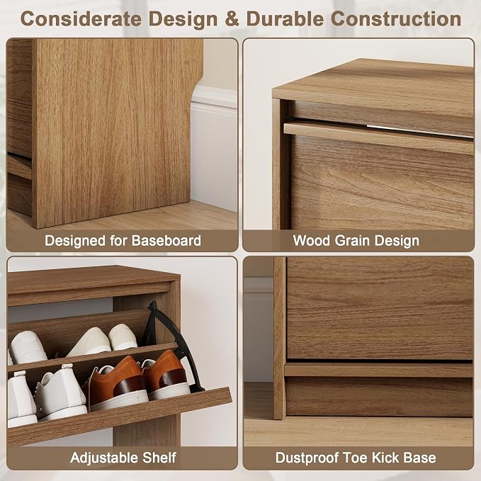Shoe Cabinet with 3 Flip Drawers, 31.5" W Narrow Shoe Storage Cabinet for Entryway, Slim Shoe Organizer with Adjustable Shelves, Freestanding Shoe Rack for Hallway, Living Room, Walnut