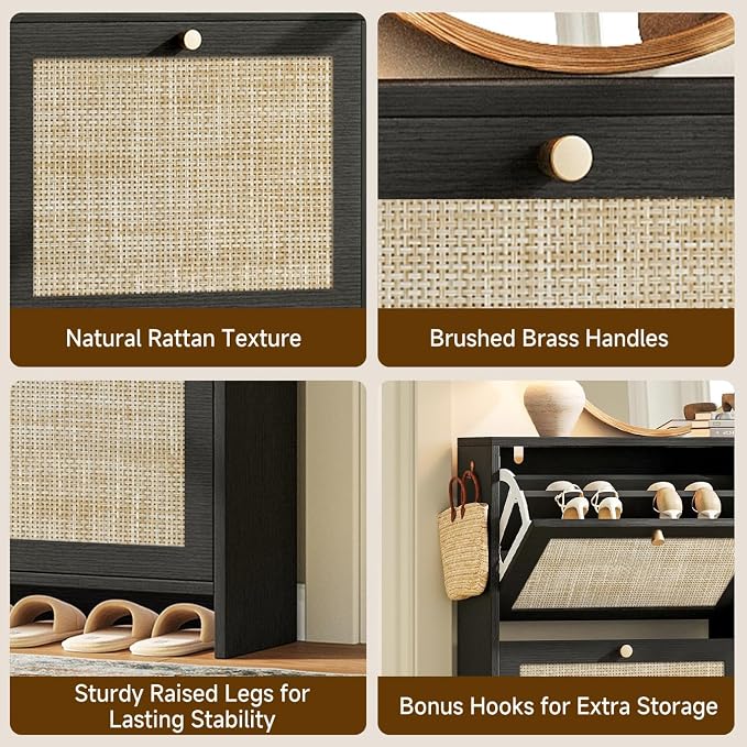 Nicetree Shoe Cabinet Storage for Entryway, 4-Flip Drawer Narrow Shoe Rack, Organic Modern Rattan Shoe Organizer, Shoe Organizer Fits Men's Size 13.5, Midnight Charcoal