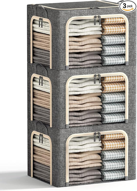 3 Openings Clothes Storage Bins with Metal Frame, Foldable Storage Bin for Clothes, Clothing Storage Bins with Lid, Linen Storage Box With Clear Window＆ Zippers＆ Durable Handles.(3 Pcs,Dark Grey,40L)