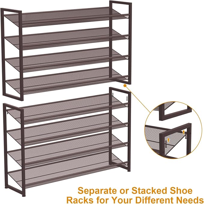 Large Shoe Rack 8 Tier Shoe Organizer, Heavy Duty Metal 4-Tier Stackable Shoe Storage Vertical Shoe Rack for Closet Front Door Entrance, Up to 50 Pairs, 44.8" W x 11.4" D x 56.7" H, Bronze