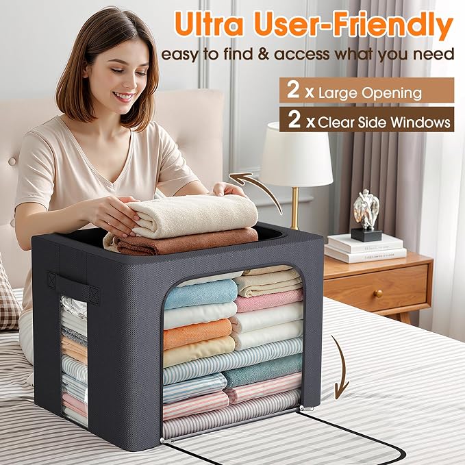 3 Pack Clothes Storage Bins with Metal Frame,40L Storage Bags Fabric Box Organizer with Clear Window,Zippers,Sturdy Handles(3 Pcs,Light Grey,40L)