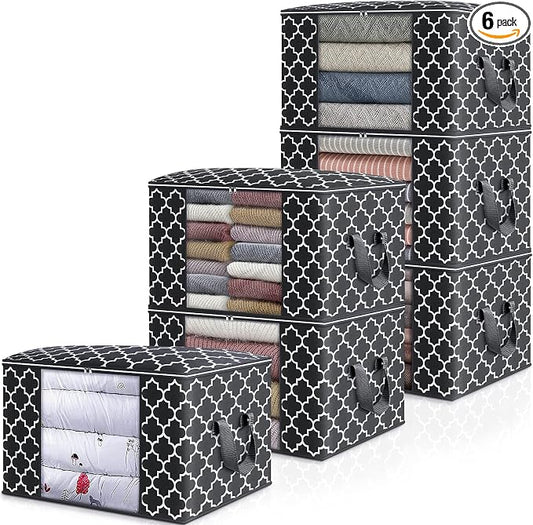 WISELIFE Storage Bags 100L 6-Pack Large Blanket Clothes Organization and Storage Containers for Bedding, Comforters, Foldable Organizer with Reinforced Handle, Clear Window, Sturdy Zippers