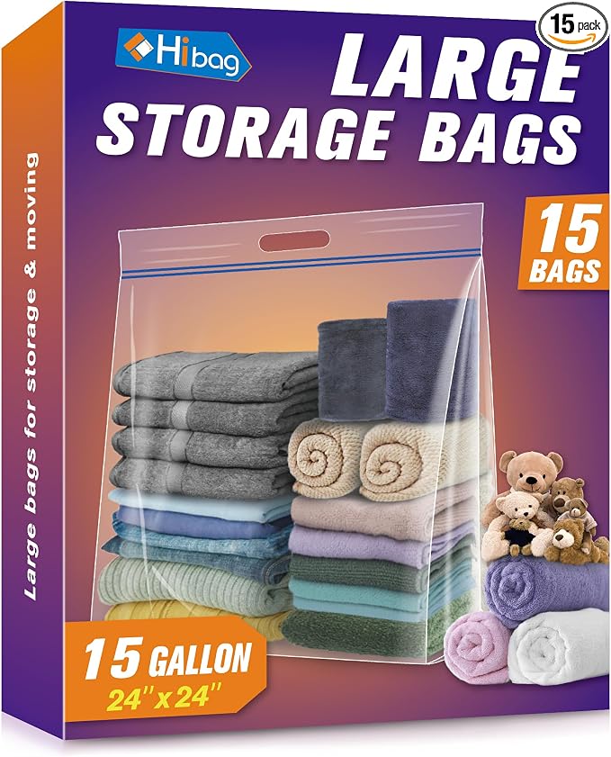 HIBAG 15 Gallon Large Storage Bags, 24” x 24” Resealable Clear Bags with Handle, Extra Large XL Heavy Duty for Clothes Pillow Travel Moving, Pack of 15