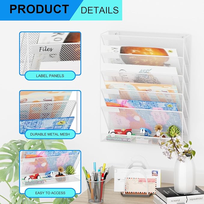Wall File Organizer Holder Mesh Hanging Paper Document Holder,Vertical 6 Pocket Tier for Office Home, White