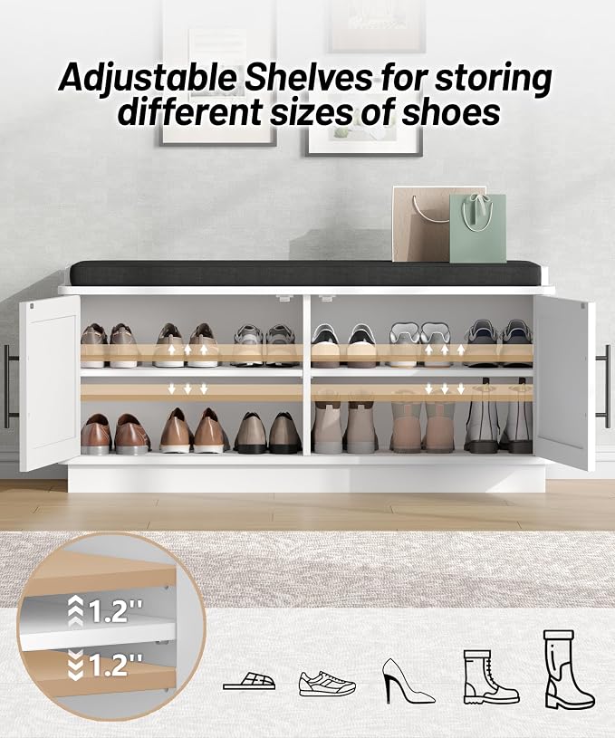 Akxomel 39.4" Fluted Shoe Storage Bench 2 Doors Wooden Entryway Bench White | 2 Tier Shoe Bench with Padded Cushion, Adjustable Shelves and 2 Doors, Curved Profile, for Hallway, Living Room, Bedroom