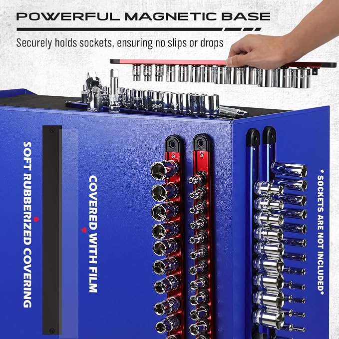 8-Piece Magnetic Socket and Wrench Organizer Set, Metric & SAE, 1/4", 3/8", 1/2" Drive Socket Rail, 24-Slots Wrench Holder with Non-Slip Handle for Toolbox Drawer Storage (Socket Wrench not Included)
