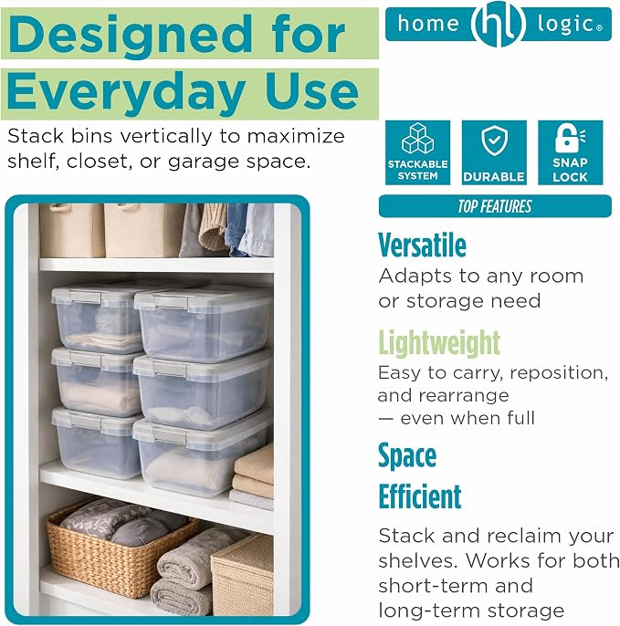 Home Logic 15 Qt Latched Storage Bin with Lid, Stackable Plastic Storage Container, Organizer for Home, Office & Classroom, 8 Pack, Gray
