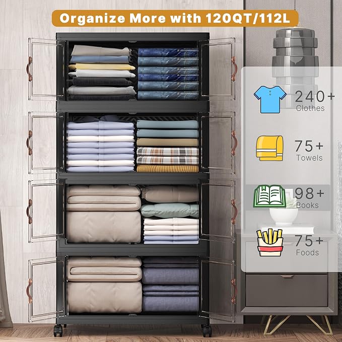 Stackable Storage Bins with Lids, 480QT Closet Organizers and Storage Cabinet with Doors & Wheels, Lockable Plastic Foldable Drawers for Bedroom Dorm Office Garage（120QT*4,Black）