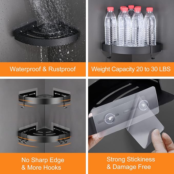 DUFU Adhesive Corner Shower Caddy with Hooks, Black, 2 Pack | Bathroom Shower Organizer, No Drilling, Rust Proof Aluminum Shower Shelf For Inside Shower