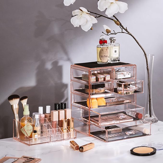 Sorbus Acrylic Makeup Organizer Set, 7-Drawer Vanity & Countertop Cosmetic Storage with Small & Wide Compartments, Pink Makeup Storage for Brushes, Jewelry – Holiday Gift for Women & Teens