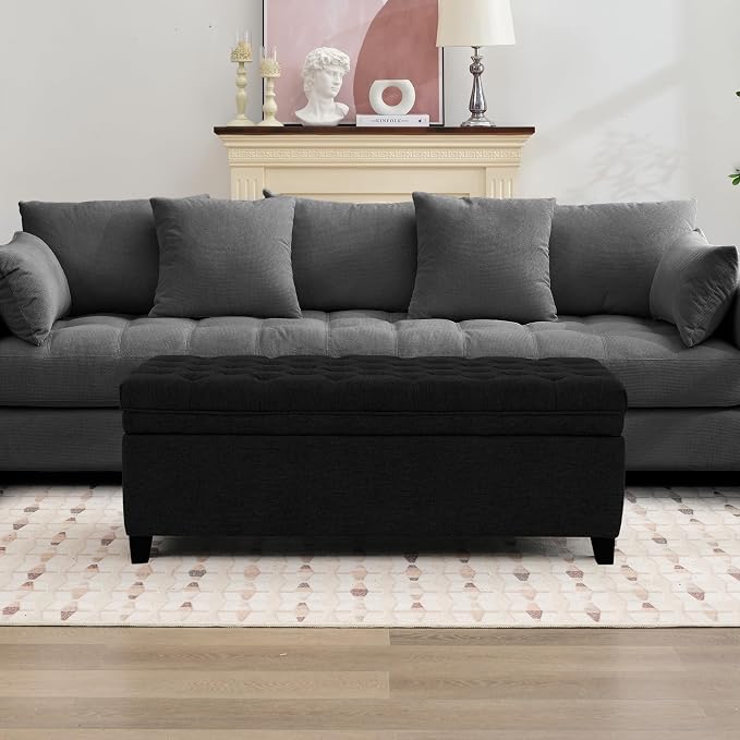 51" Storage Ottoman for Bedroom & Living Room, End of Bed Bench with Black Wooden Legs, Linen Upholstered Tufted Ottoman, Entryway Storage Bench, Black
