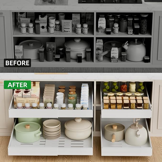 PAKETA 1 Pack Expandable Pull Out Cabinet Organizer,21" Deep | Pull Out Drawers for Cabinets with width from 12" to 20",Sliding Drawers for Cabinets with Upgrade 3 Slide Rails,hold 65 lbs