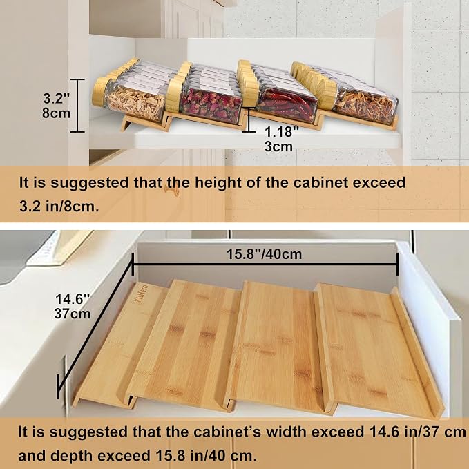 Spice Drawer Organizer with 35 Bamboo-lidded Spice Jars,216 Labels,25 Non-slip Rubber, Bamboo 4 Tier Seasoning Rack Tray Insert for Kitchen Drawers,Cabinets,Countertop,14.6" Wide x 15.8" Deep