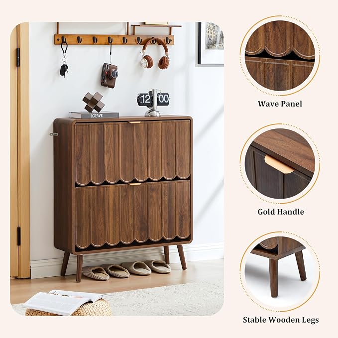 Shoe Storage Cabinet for Entryway with 2 Flip Drawers Set of 2, Freestanding Narrow Wood Shoe Cabinet with Wave Panel, Hidden Shoe Organizer for Foyer, Hallway (Walnut)