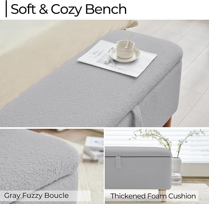 Boucle Storage Ottoman Bench for Bedroom end of Bed, Sherpa Upholstered Shoe Seat Storage Bench for Entryway Bed Foot, Rectangle Cushion Padded Blanket Chest Cute for Living Room, Grey