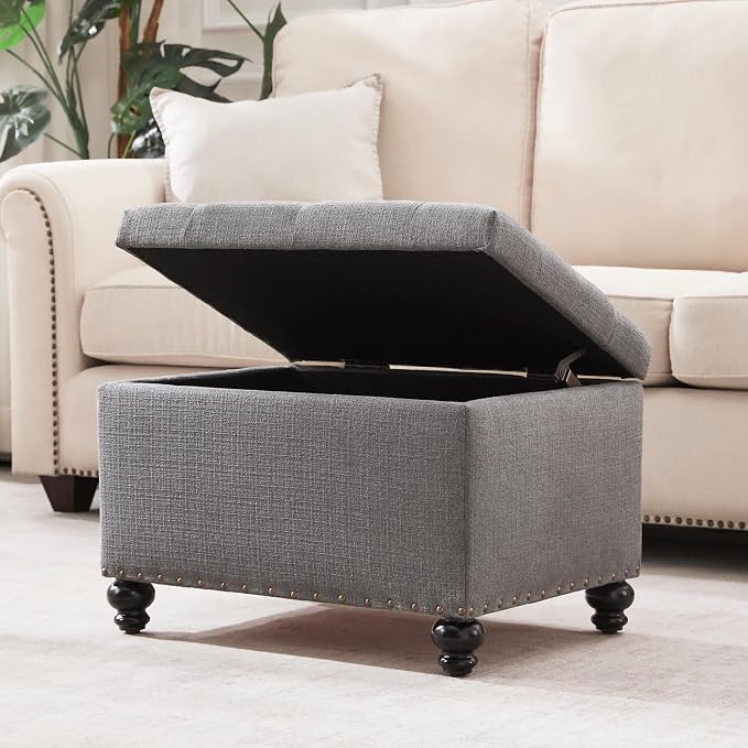 Zihanhome Small Ottoman with Storage, Upholstered Button Tufted Ottoman Foot Rest, Foot Stools, 24" Rectangle Bench with Storage for Living Room, Bedroom, Corners, Dorms and Apartments (Grey)